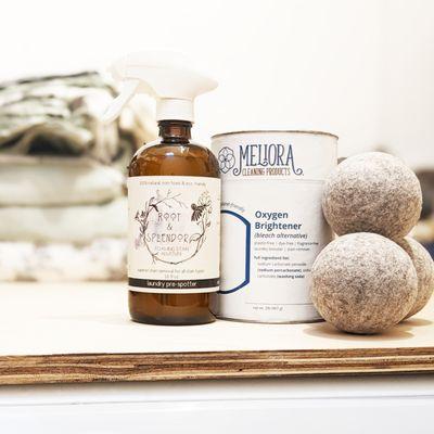 Some of our most popular laundry products include locally-made wool dryer balls, enzymatic stain remover, and oxygen powder.