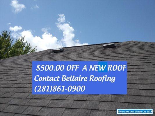 $500 off New Roof Offer Good until 10/20/2019