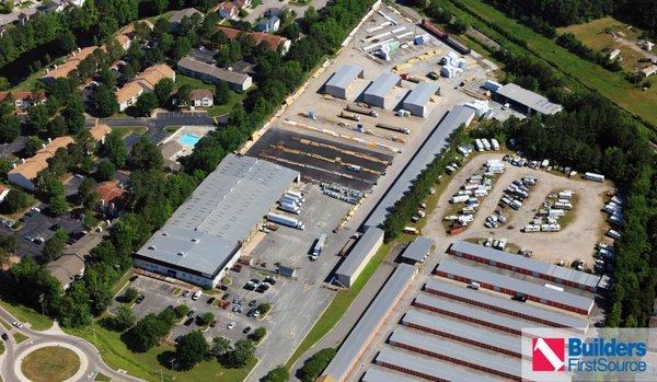 Builders FirstSource 404 Green Tree Rd Chesapeake, VA overhead view of BFS building, yard and parking lot.