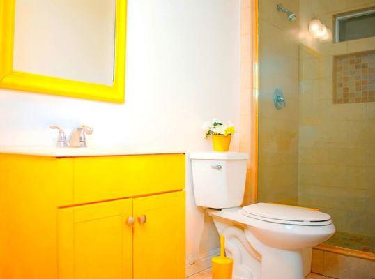 Our Cardi B yellow inspired restroom.Great for selfies as well!