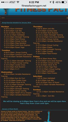 January group exercise class schedule at the Fitness Factory.  This can also be found on their website http://fitnessfactorygym.net