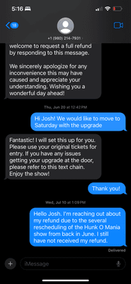 Text between Josh and I cancelling the show and upgrading to vip