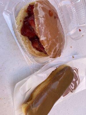 Strawberry filled and maple bar donut