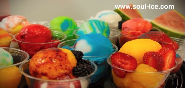 Soul-Ice is a water-based frozen dessert mixed with fresh cut fruit.