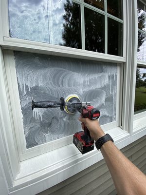 Restoring a window that has an air conditioner directly below it that caused water drops to stain the window. We restore them!