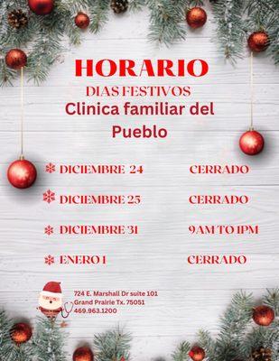 NUESTROS HORARIOS FESTIVOS