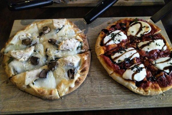 (L): Spinach/mushroom/chicken special pizza
 (R): Caprese pizza