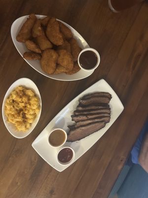 Fried Green Tomatoes (not recommended) Mac n Cheese and Brisket- Highly recommend!