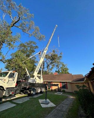 Crane picking tree over home