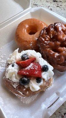 Berry cronut, glazed donut and Apple fritter