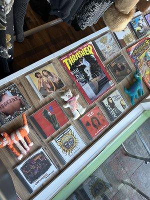 Window display with lots of fun memorabilia including cds magazines and nicknacks