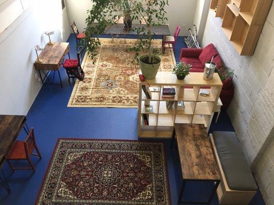 Top floor view of our "Blue Room" loft-style co-working area