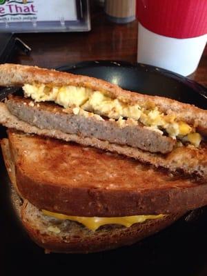 Sausage/egg/cheese sandwich on wheat. Yum