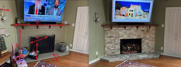 Before and after , new stone work and new gas logs put in.