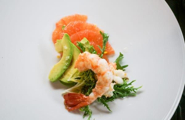 Spot prawn, avocado, and grapefruit salad with citrus vinaigrette.