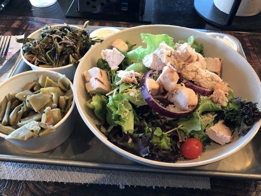 Smokehouse salad with chicken, a side of green beans, a side of collards. Excellent