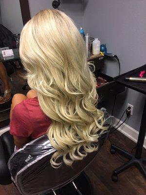 Blonde highlights with extensions.