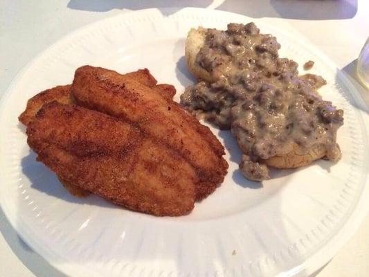 Tilapia and biscuit and gravy