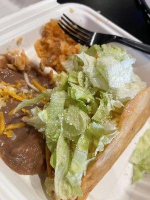 Chicken taco, beans and rice