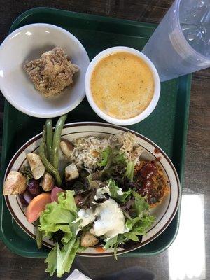 Veggie pattie, salad with ranch, seafood chowder/bisque, crumble