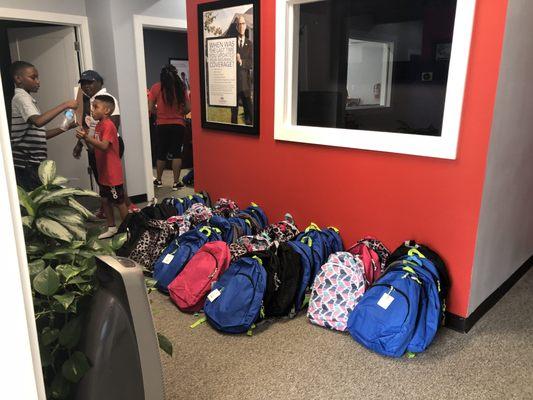 Free backpacks with school suppplies for our "Back to school Fair"