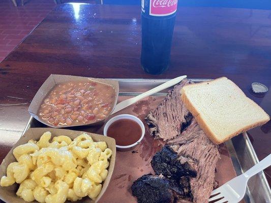 Brisket with Mac n Cheese and Mama's Beans.