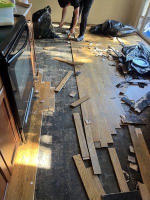 Wooden floor replacement in a small kitchen