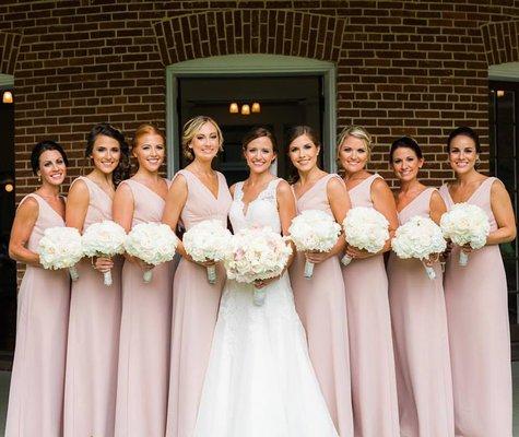 Blushing bridesmaids!  Custom dresses designed with the bride and Diamond Bridal's designer, Jasmine Bridal.