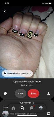 Bruins Pinterest pic for inspiration .... kept the black and polka dot French tip. Ring finger white with a black B