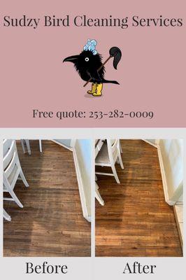 Before and after hardwood floor clean and shine.