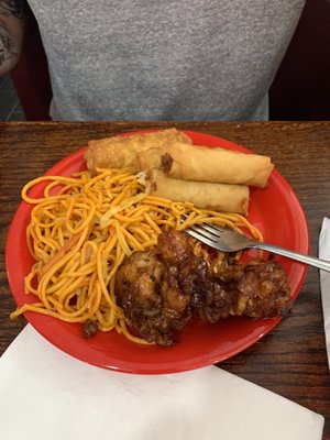 General Tso chicken, egg rolls and lo mein.