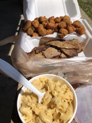 Brisket dinner with fried okra and mac & cheese