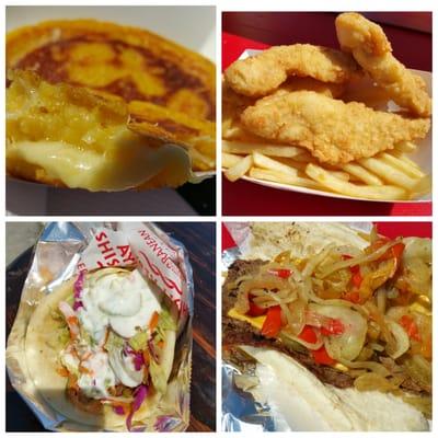 Delicious street food- Mozzarepa,chicken tenders with fries, chicken gyro,and Philly cheese steak.