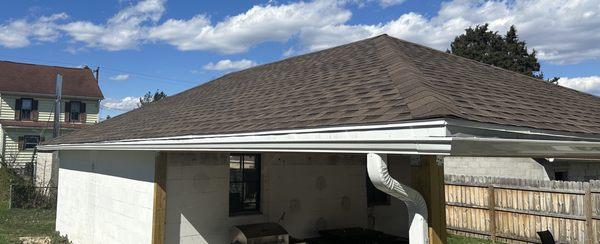 New roof and framing on a covered patio!  All new beams, 6x6 posts, and gutter work with facia and soffit!