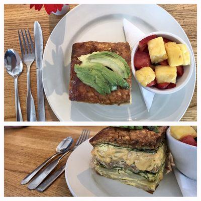 Chorizo potato frittata with avocado. Fresh fruit on the side.