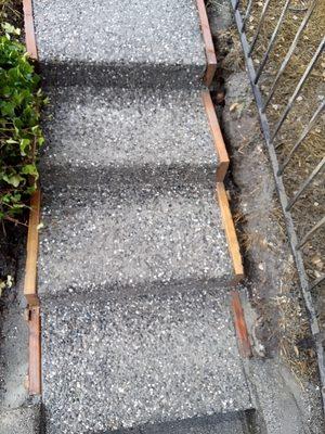 Steps that lead to a walkway with an exposed aggregate finish