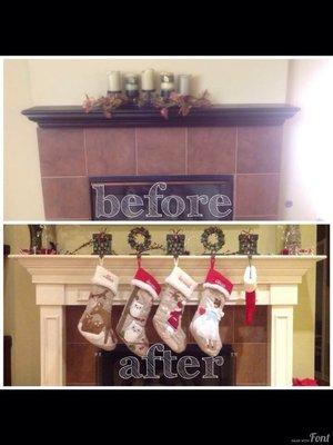 Before and after custom fireplace mantel