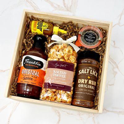 Taste of Austin Gift Box with local Austin goodies - salt lick bbq, yellowbird hot sauce, lenoir salt, franklins bbq sauce and local popcorn