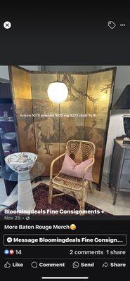 Gold screen , wicker mid century modern chair