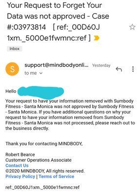 Email I got denying my request that this company remove my data from their system