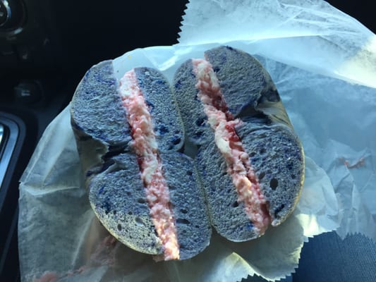 Blueberry bagel with Strawberry cream cheese!