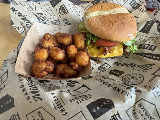 Double bacon burger with spicy cheese curds