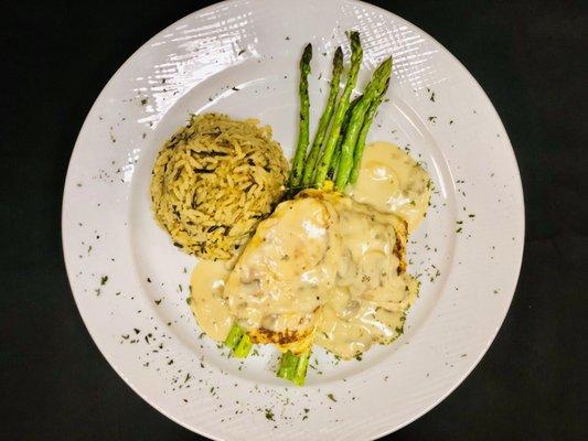 Stuffed Chicken Marsala w/ Wild Rice and Grilled Asparagus!!!!!!