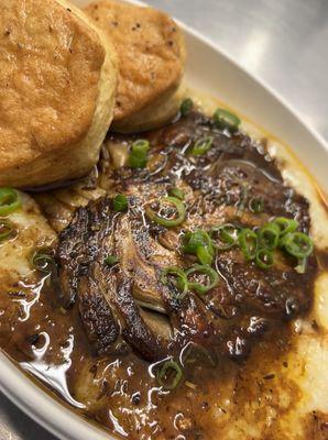 Oyster Mushroom, Grits and 2 Hunny Biscuits..