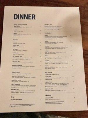 Updated dinner menu