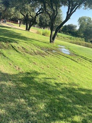 Flooding on hole 13 from a broken sprinkler head. Has not been fixed in 2 months.