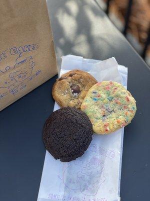 Maldon salt brown butter chocolate chip coooloes, birthday cake and Dutch cocoa cookies