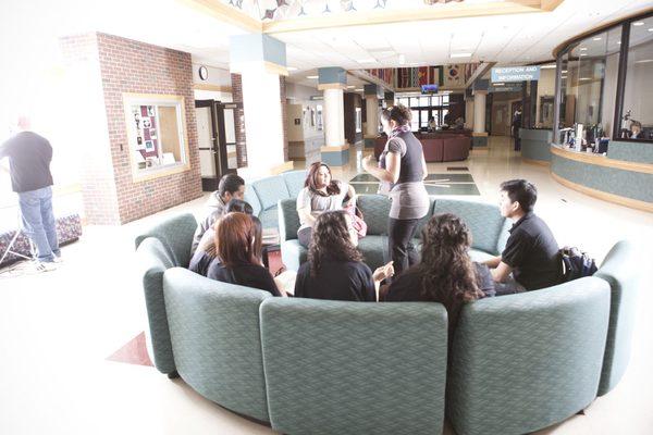 Students love to hang out with friends in the Grand Hall inside Ivy Hall.