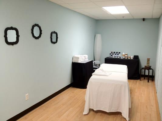 Here is our relaxing facial  and body wrap room, we use Bioelements for our skin refreshing facials.