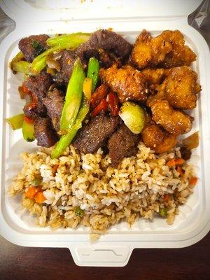 Fried rice, beef w/asparagus, spicy chicken